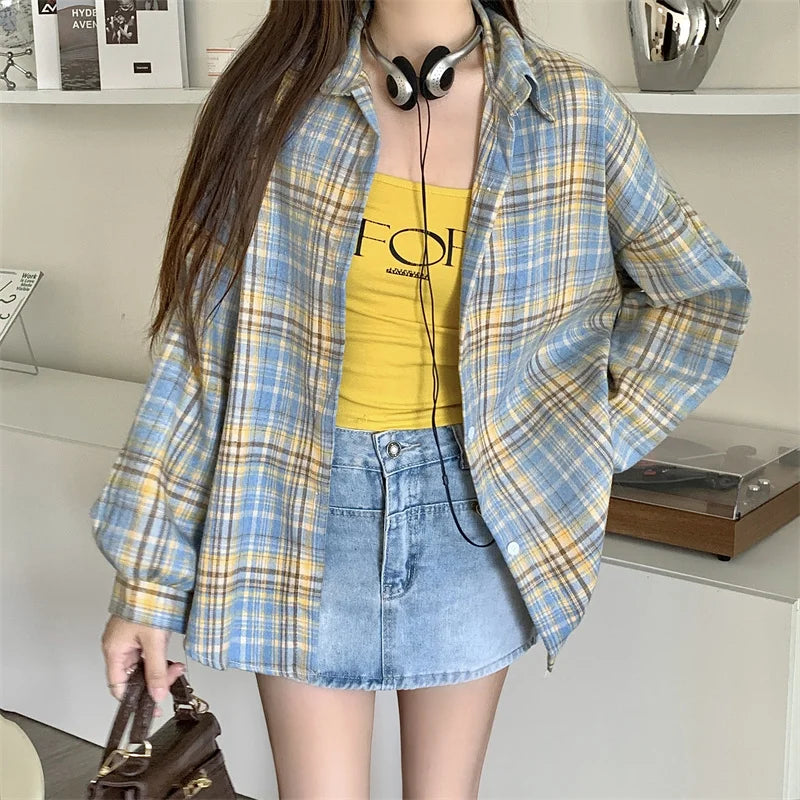 CITSLX Women Tartan Shirt Long Sleeve Collared Button Up Oversized Plaid Shirt Flannel Jacket Grunge Teenage Girl Spring Summer Outfit