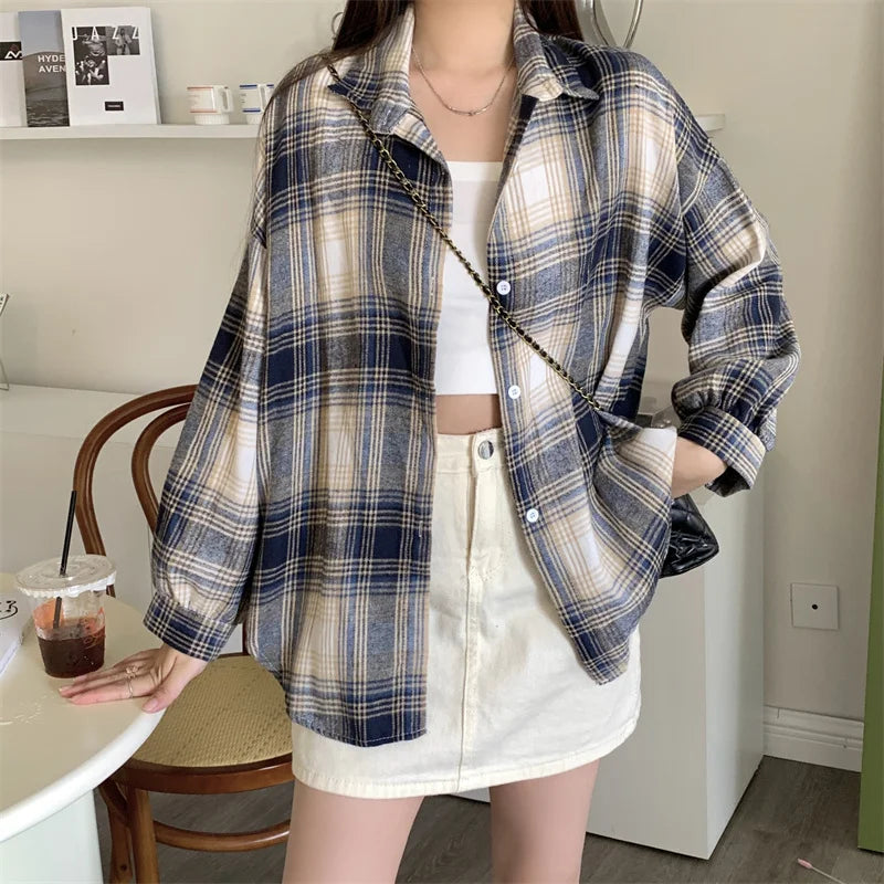 CITSLX Women Tartan Shirt Long Sleeve Collared Button Up Oversized Plaid Shirt Flannel Jacket Grunge Teenage Girl Spring Summer Outfit