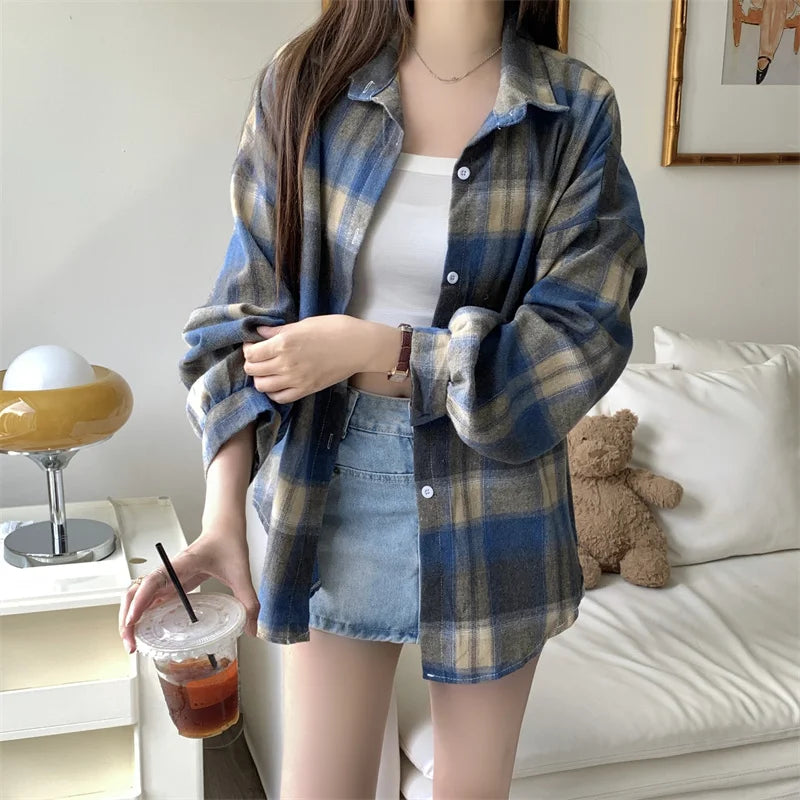 CITSLX Women Tartan Shirt Long Sleeve Collared Button Up Oversized Plaid Shirt Flannel Jacket Grunge Teenage Girl Spring Summer Outfit