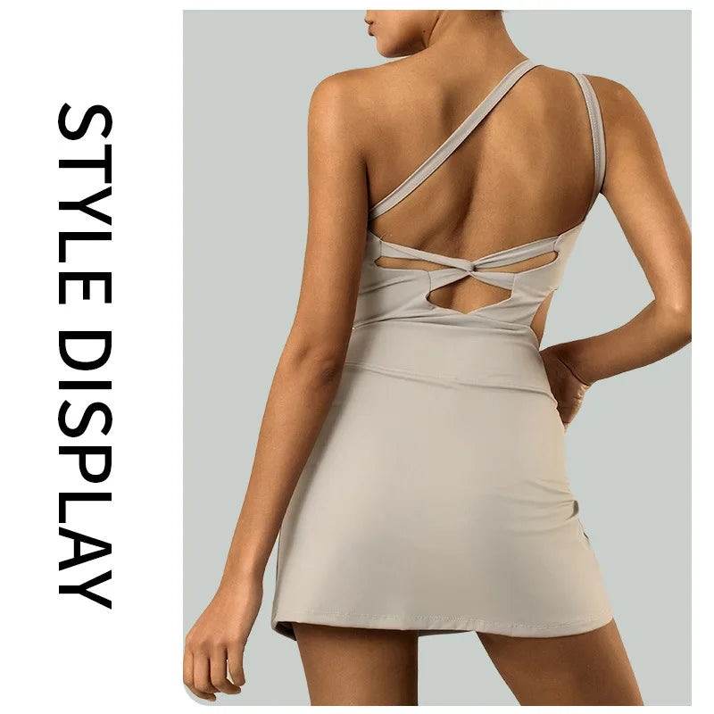 CITSLX Women Tennis Dress With Shorts&Chest Pads Sexy One Shoulder Straps Super Stretchy Golf Badminton Skorts  All-in-one Yoga Suits