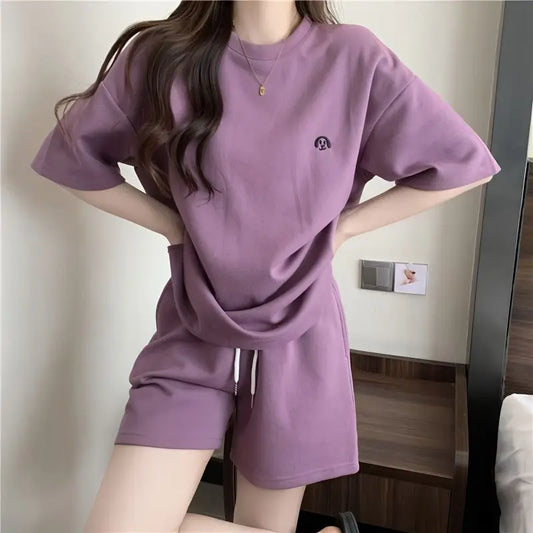 CITSLX Women Tracksuit Summer Solid T-Shirt Shorts Matching Outfit Casual 2 Piece Sets Loose High Waist Short Pants O-Neck Simple Suit