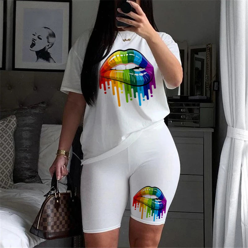 CITSLX Women Two Piece Set Lips T Shirts And Shorts Pyama Sets Summer Casual Joggers Tracksuit Shorts Sexy Outfit For Woman Clothing