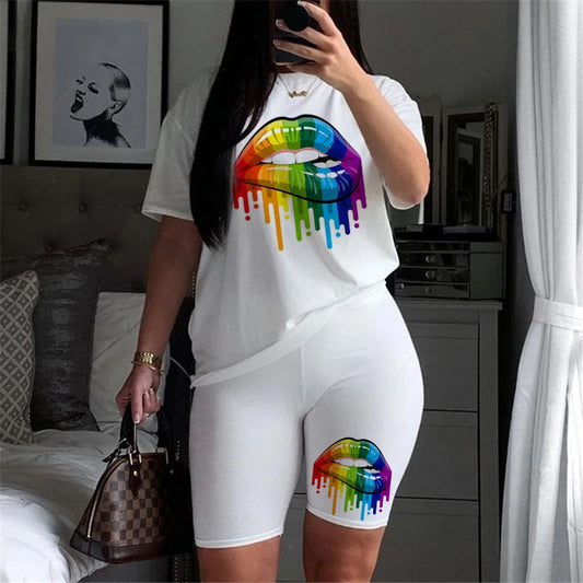 CITSLX Women Two Piece Set Lips T Shirts And Shorts Pyama Sets Summer Casual Joggers Tracksuit Shorts Sexy Outfit For Woman Clothing