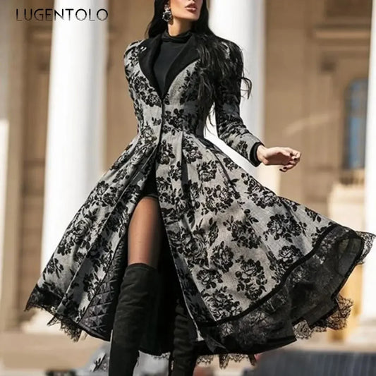 CITSLX Women Vintage Party Trench Long Sleeve Autumn Splicing Lace Button Coat Female Casual Big Swing Fashion Jackets