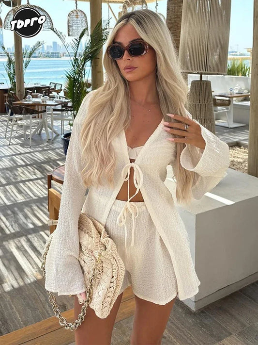 CITSLX Women White Lace Up V Neck Long Sleeve Shirt Set Summer Fashion High Waist Shorts 2 Pces Sets Casual Loose Female Beach Outfits