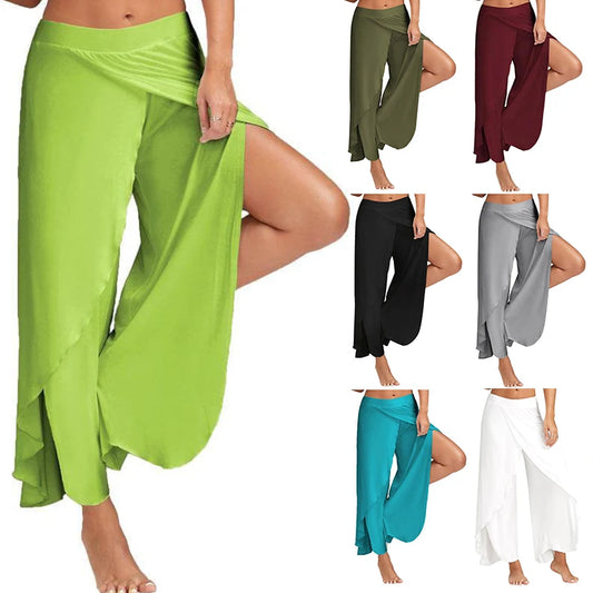 CITSLX Women Wide Leg Pants Yoga Split Trousers Female Elastic Wasit Casual Loose Fitness Open Leg Pants Solid Color Harem Pants