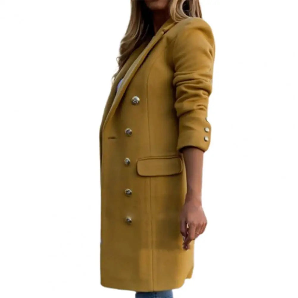 CITSLX Women Wool Coat Autumn Winter Long Sleeve Pure Color Turn-Down Collar Double-breasted Women Overcoat Women Greatcoat Outerwear