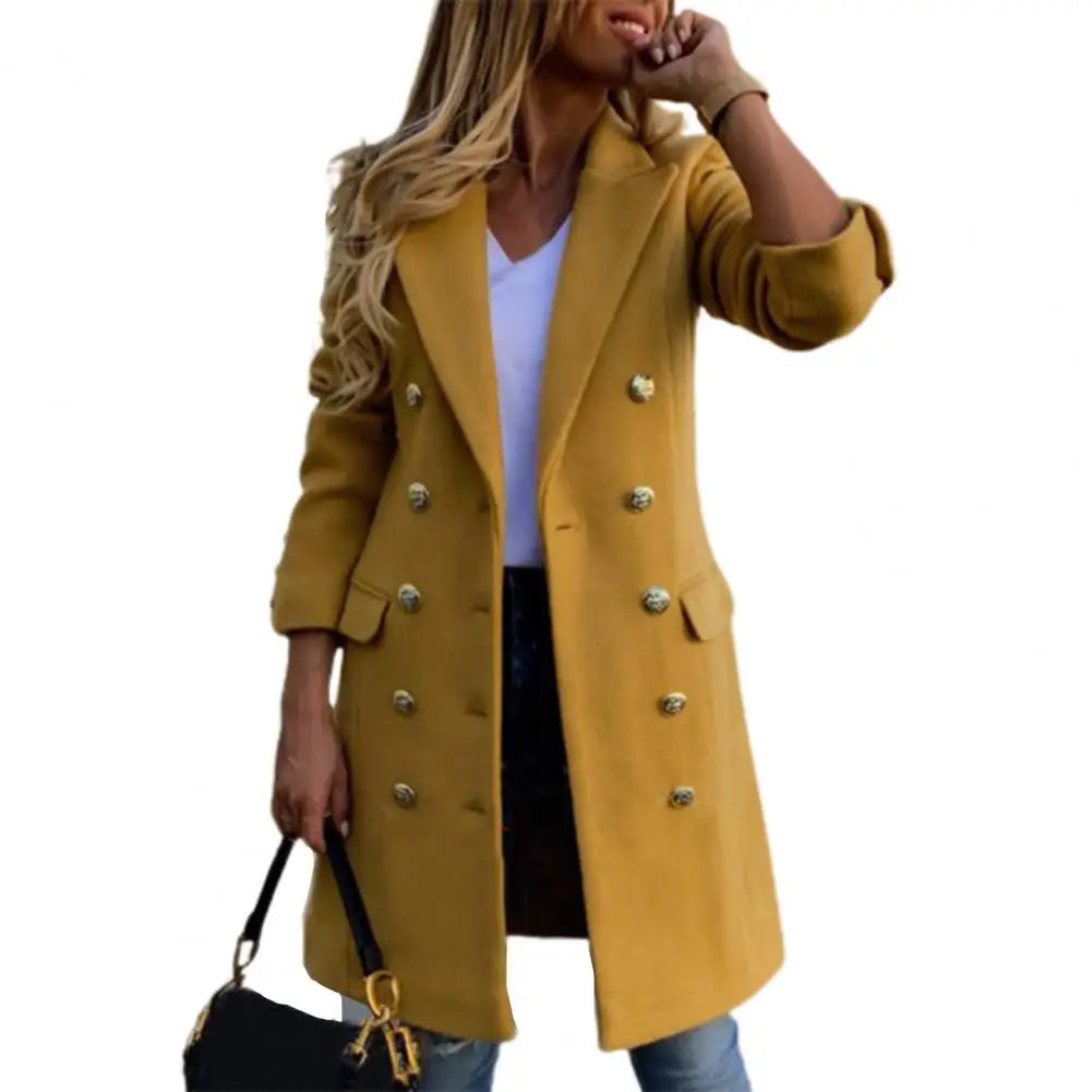 CITSLX Women Wool Coat Autumn Winter Long Sleeve Pure Color Turn-Down Collar Double-breasted Women Overcoat Women Greatcoat Outerwear