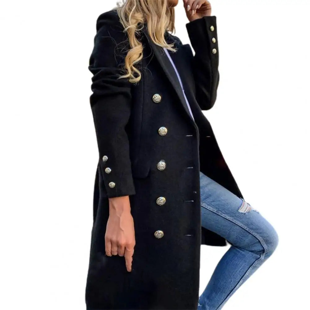 CITSLX Women Wool Coat Autumn Winter Long Sleeve Pure Color Turn-Down Collar Double-breasted Women Overcoat Women Greatcoat Outerwear