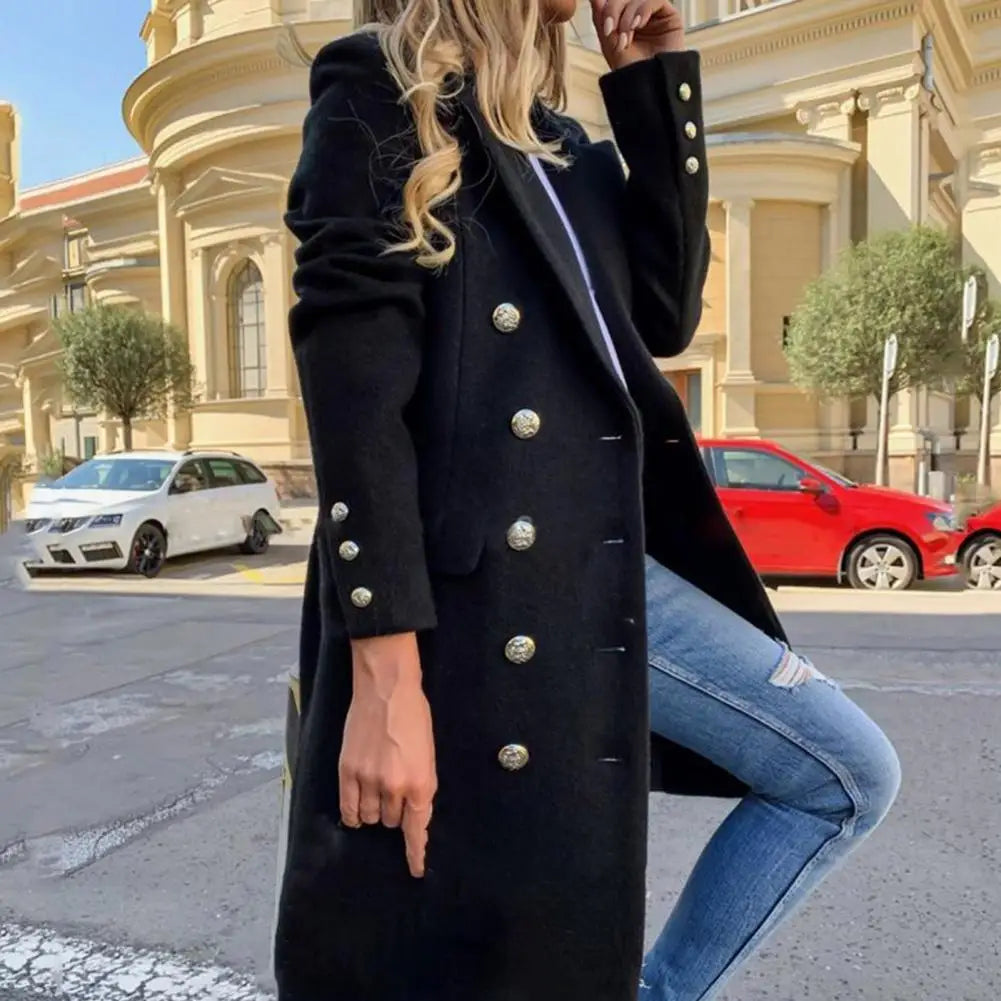 CITSLX Women Wool Coat Autumn Winter Long Sleeve Pure Color Turn-Down Collar Double-breasted Women Overcoat Women Greatcoat Outerwear