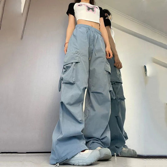 CITSLX Women Y2K Cargo Pants High Waist Streetwear Hip Hop Trousers Female Big Pockets Casual Low Waist Drawstring Baggy Sweatpants