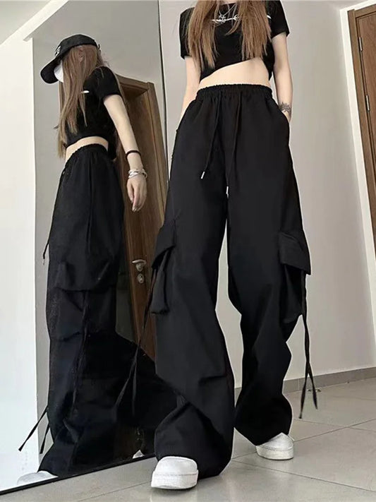 CITSLX Women Y2K Korean Cargo Pants Hip Hop Loose Causal Wide Leg Pants Fashion High Waist Baggy Streetwear Multi Pockets Sweatpants