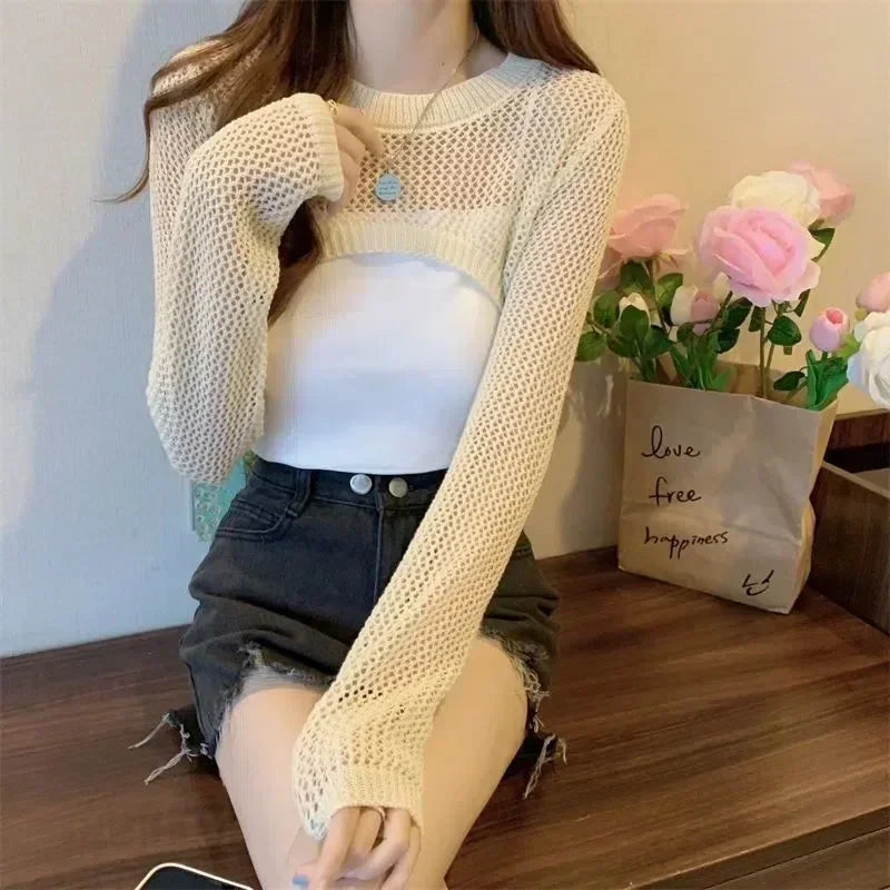 CITSLX Women Y2k Crochet Knit Hollow Out Crop Top Long Flared Sleeve Shrug Sweater Mesh Cover Ups Cardigan Streetwear