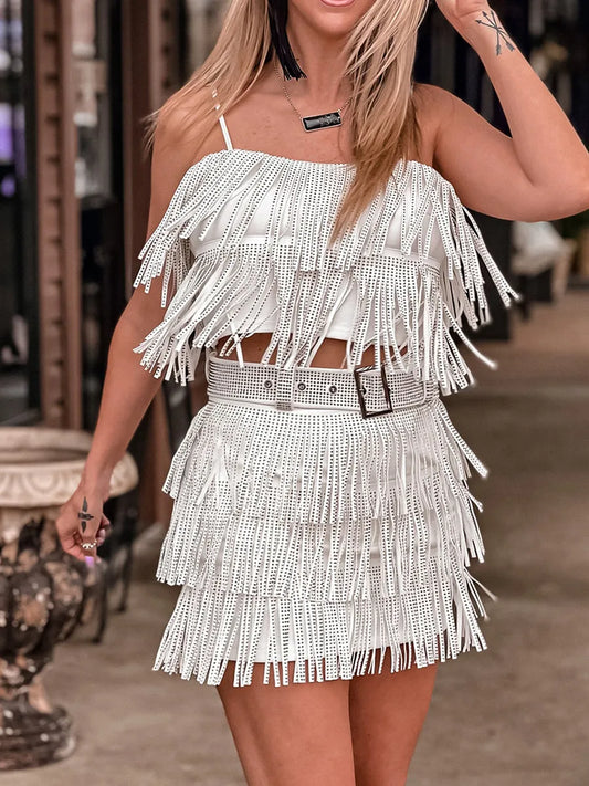 CITSLX Women Y2k Sparkly Sequins Tassel Skirt Set Sleeveless Crop Top Sling Vest Fringe Skirt Summer Outfits Dance Rave Party Clubwear