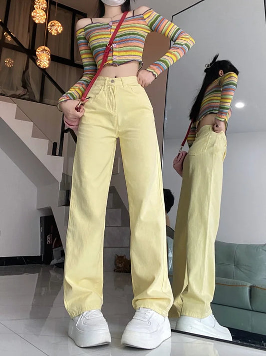 CITSLX Women's American Straight Yellow Jeans Spring Autumn New Chic Street Style Trousers Female High Waist Wide Leg Denim Pants