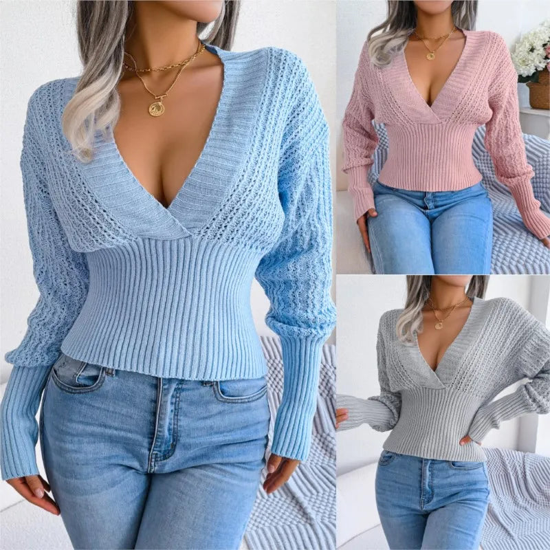 CITSLX Women's Autumn Winter Hollow Out Knitted Blue Pink Sexy V-neck Long Sleeve Sweater Top Elegant Slim Solid Knitted Pullover Tops