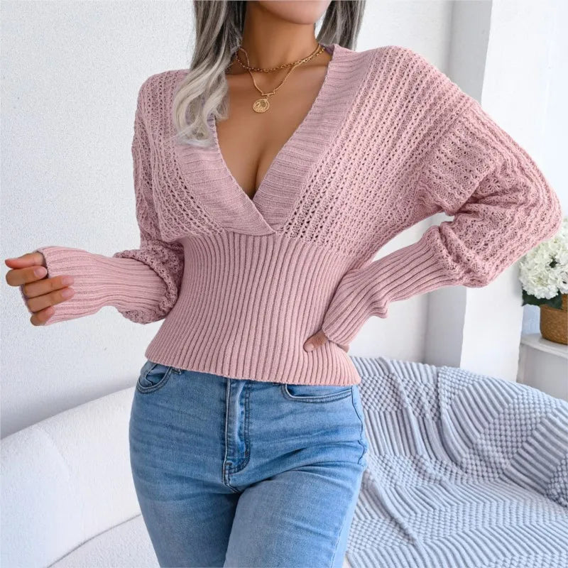 CITSLX Women's Autumn Winter Hollow Out Knitted Blue Pink Sexy V-neck Long Sleeve Sweater Top Elegant Slim Solid Knitted Pullover Tops