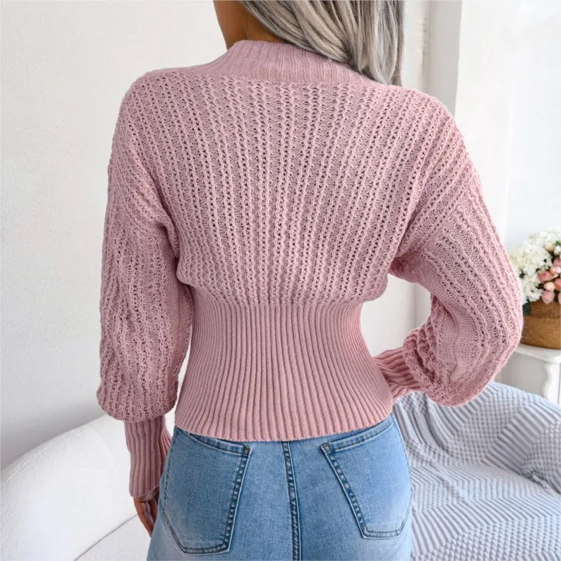 CITSLX Women's Autumn Winter Hollow Out Knitted Blue Pink Sexy V-neck Long Sleeve Sweater Top Elegant Slim Solid Knitted Pullover Tops