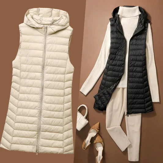 CITSLX Women's Autumn/Winter X-long Hooded Sleeveless Jackets 2024 New White Duck Down Female Slim Fit Office Lady Warm Vest Coat