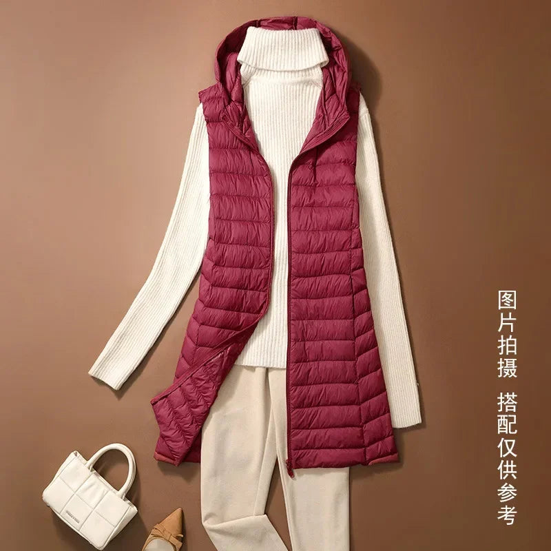 CITSLX Women's Autumn/Winter X-long Hooded Sleeveless Jackets 2024 New White Duck Down Female Slim Fit Office Lady Warm Vest Coat