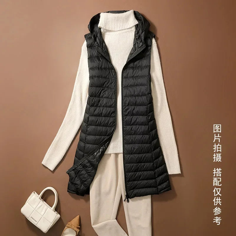 CITSLX Women's Autumn/Winter X-long Hooded Sleeveless Jackets 2024 New White Duck Down Female Slim Fit Office Lady Warm Vest Coat