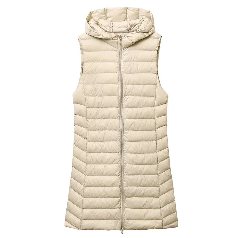 CITSLX Women's Autumn/Winter X-long Hooded Sleeveless Jackets 2024 New White Duck Down Female Slim Fit Office Lady Warm Vest Coat