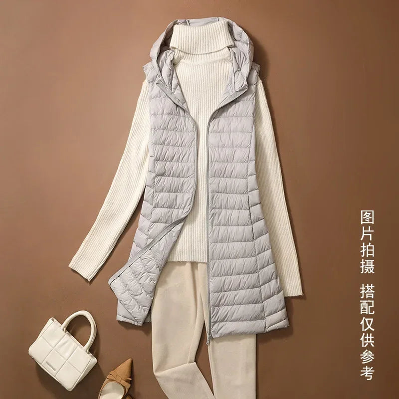 CITSLX Women's Autumn/Winter X-long Hooded Sleeveless Jackets 2024 New White Duck Down Female Slim Fit Office Lady Warm Vest Coat