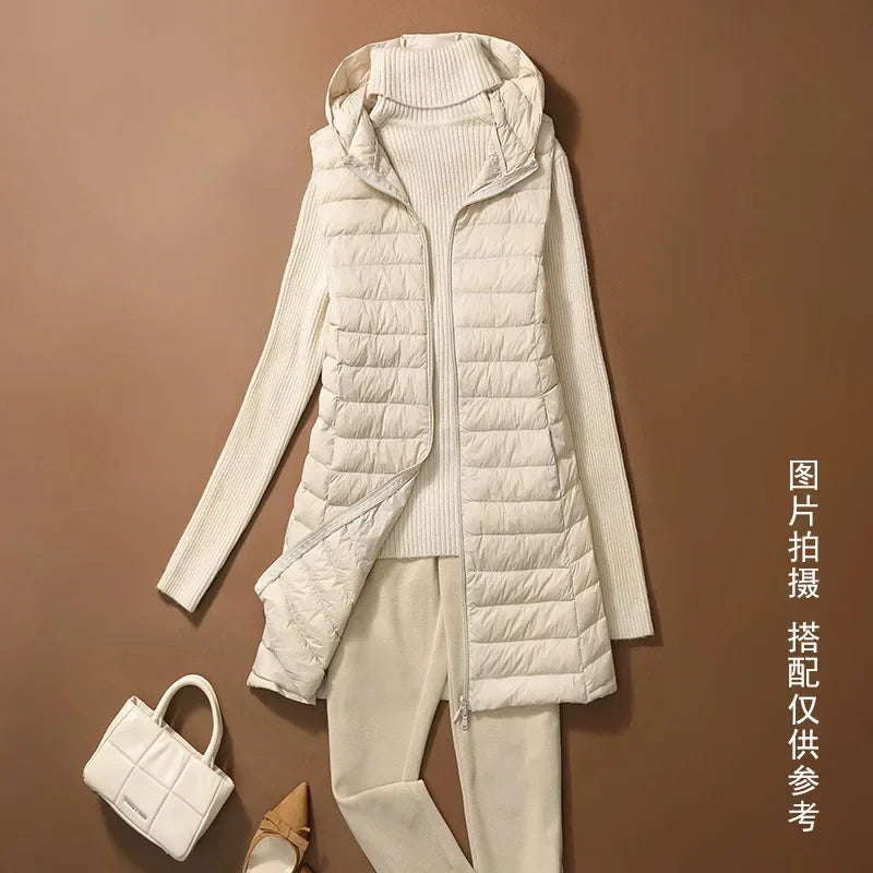 CITSLX Women's Autumn/Winter X-long Hooded Sleeveless Jackets 2024 New White Duck Down Female Slim Fit Office Lady Warm Vest Coat