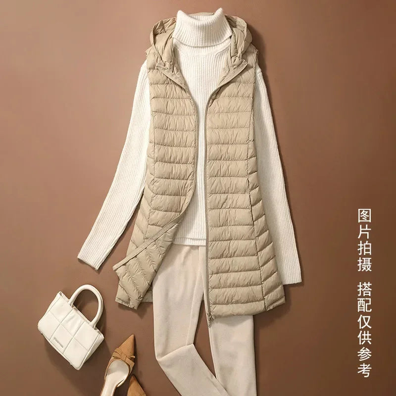 CITSLX Women's Autumn/Winter X-long Hooded Sleeveless Jackets 2024 New White Duck Down Female Slim Fit Office Lady Warm Vest Coat