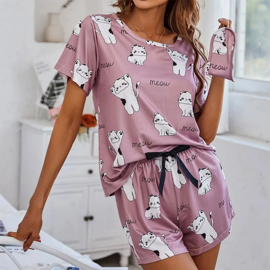 CITSLX Women's Cartoon Print Pajamas Set Short Sleeve T-Shirt Shorts Sleepwear 2 Piece Set For Women Casual Round Neck Ventilate Suit