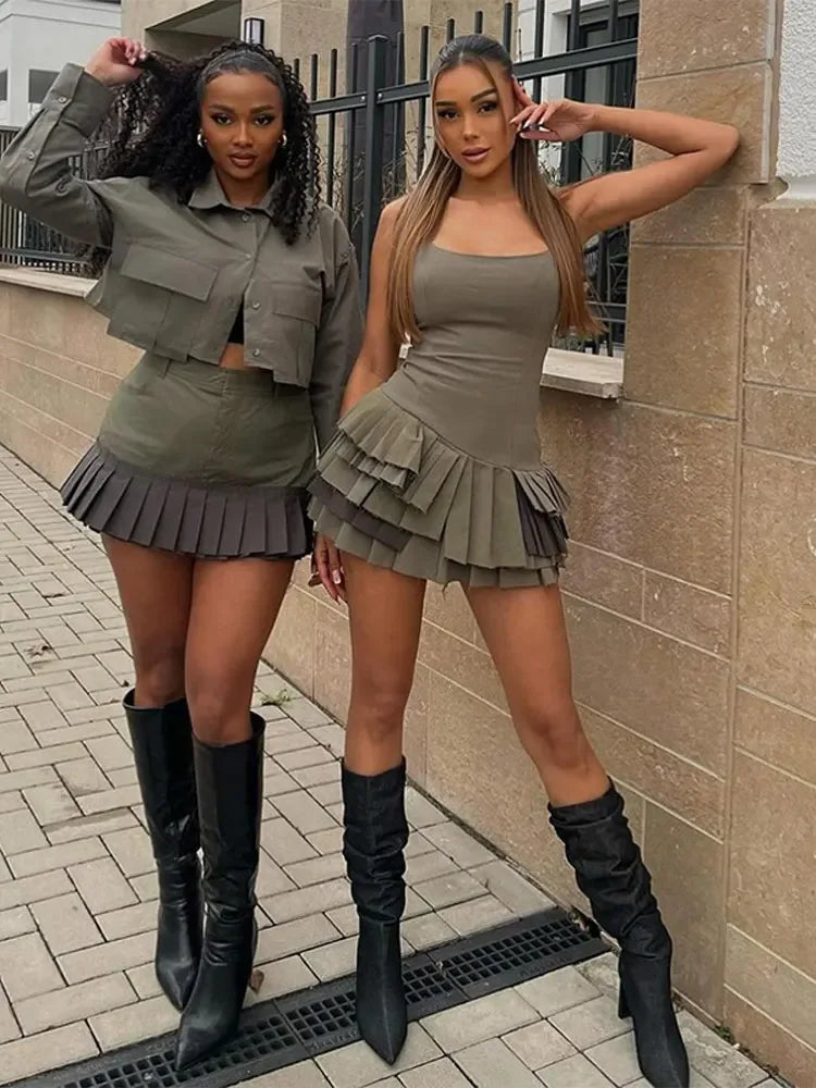 CITSLX Women's Chic Army Green Suspender Mini Dress Fashion Sleeveless Pleated Bodycon Vestidos Female 2024 New High Streetwear