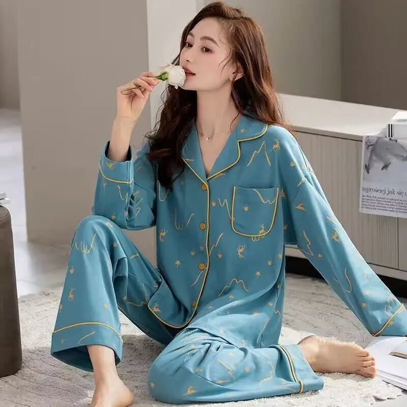 CITSLX Women's Cotton Pajamas Set 2024 Autumn Solid Long Sleeve Top Long Pants Sleepwear 2 Piece Set For Women Home Lounger Loose Suit