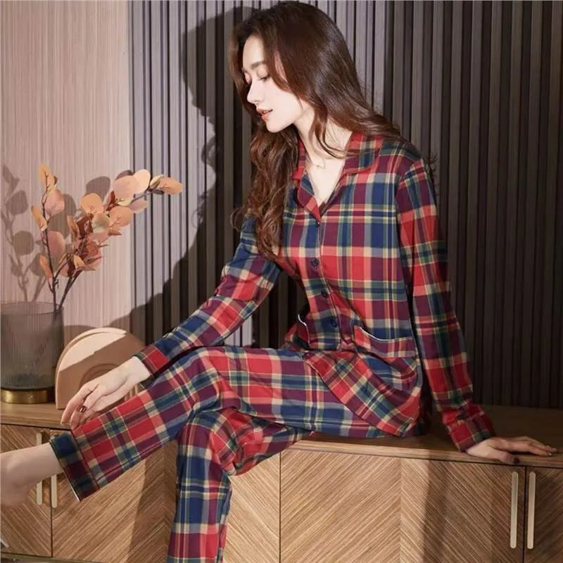 CITSLX Women's Cotton Pajamas Set 2024 Autumn Solid Long Sleeve Top Long Pants Sleepwear 2 Piece Set For Women Home Lounger Loose Suit