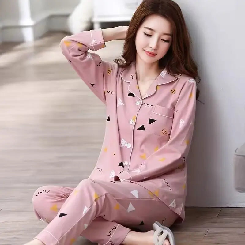 CITSLX Women's Cotton Pajamas Set 2024 Autumn Solid Long Sleeve Top Long Pants Sleepwear 2 Piece Set For Women Home Lounger Loose Suit