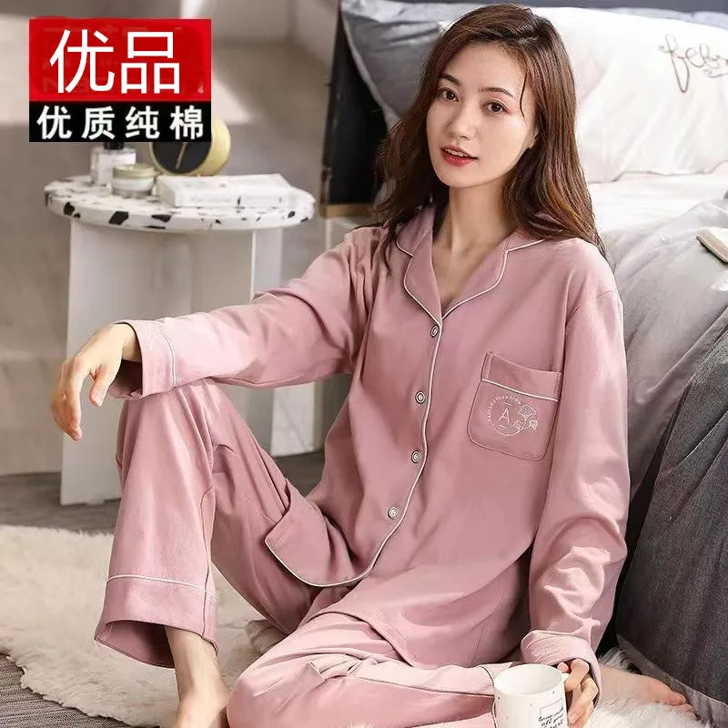 CITSLX Women's Cotton Pajamas Set 2024 Autumn Solid Long Sleeve Top Long Pants Sleepwear 2 Piece Set For Women Home Lounger Loose Suit