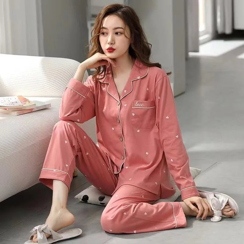 CITSLX Women's Cotton Pajamas Set 2024 Autumn Solid Long Sleeve Top Long Pants Sleepwear 2 Piece Set For Women Home Lounger Loose Suit