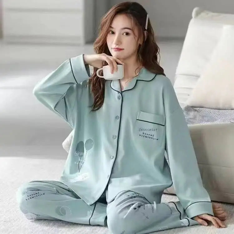 CITSLX Women's Cotton Pajamas Set 2024 Autumn Solid Long Sleeve Top Long Pants Sleepwear 2 Piece Set For Women Home Lounger Loose Suit