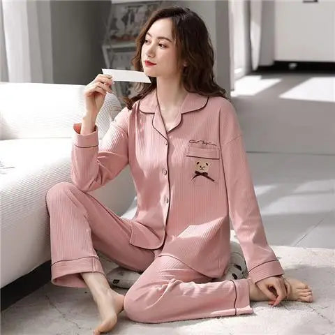 CITSLX Women's Cotton Pajamas Set 2024 Autumn Solid Long Sleeve Top Long Pants Sleepwear 2 Piece Set For Women Home Lounger Loose Suit