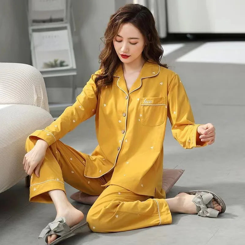 CITSLX Women's Cotton Pajamas Set 2024 Autumn Solid Long Sleeve Top Long Pants Sleepwear 2 Piece Set For Women Home Lounger Loose Suit