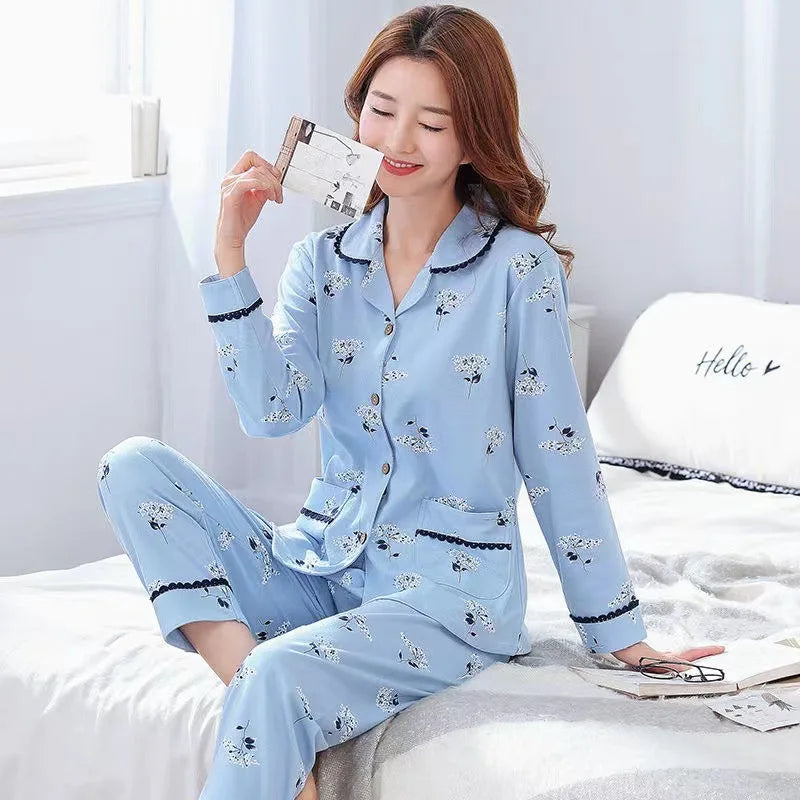 CITSLX Women's Cotton Pajamas Set 2024 Autumn Solid Long Sleeve Top Long Pants Sleepwear 2 Piece Set For Women Home Lounger Loose Suit