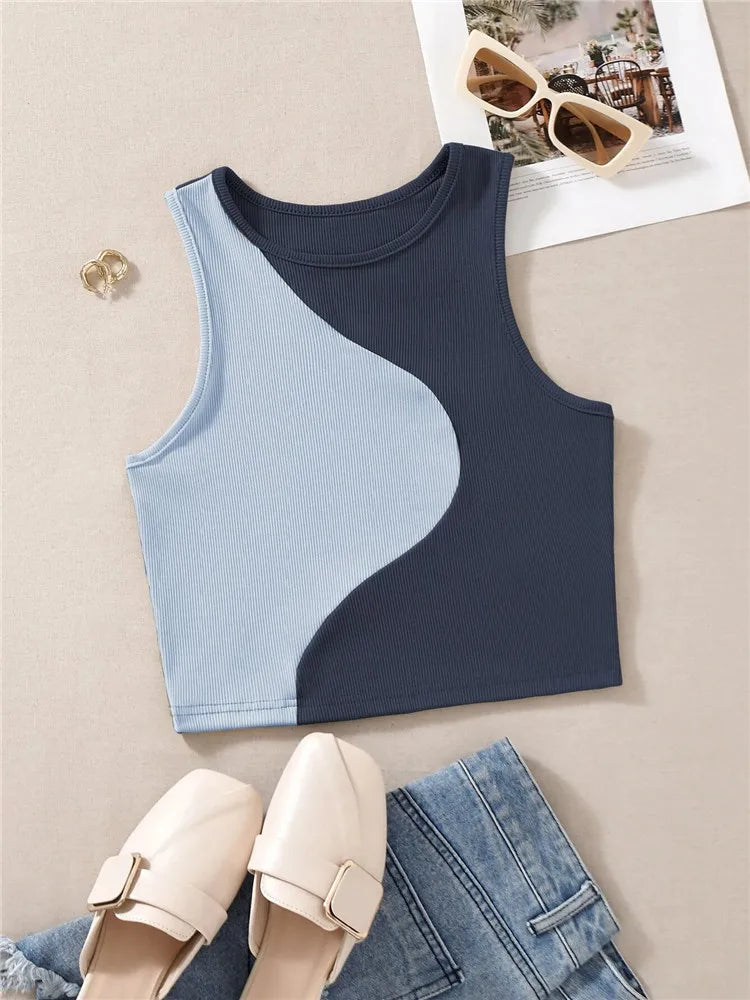 CITSLX Women's Cute Preppy Style Patchwork Tank Top Summer Crewneck Sleeveless Bodycon Crop Tops Y2K Clothes Streetwear Baby Tee Vest