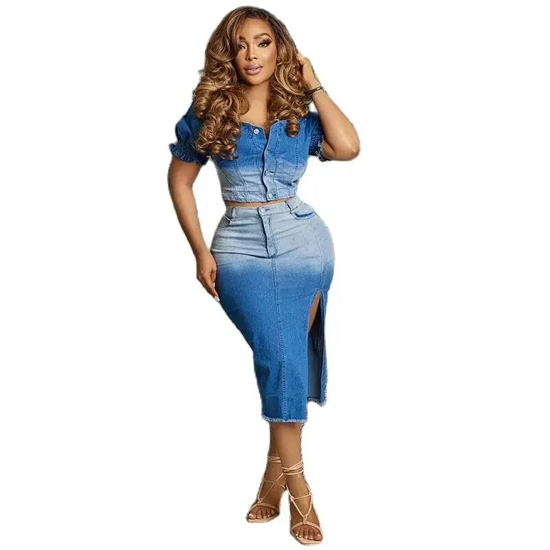 CITSLX Women's Denim Skirt Top Gradient Color Denim Button Fluffy Sleeve Exposed Navel Top Slim Fit Midi Skirt Paired With 2-Piece Set