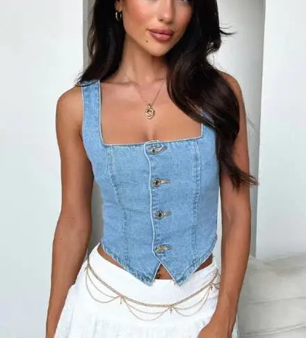 CITSLX Women's Denim Tank Tops 2024 New Summer Sleeveless Button Down Crop Tops for Party Club Slim Fit Square Neck Backless Camis