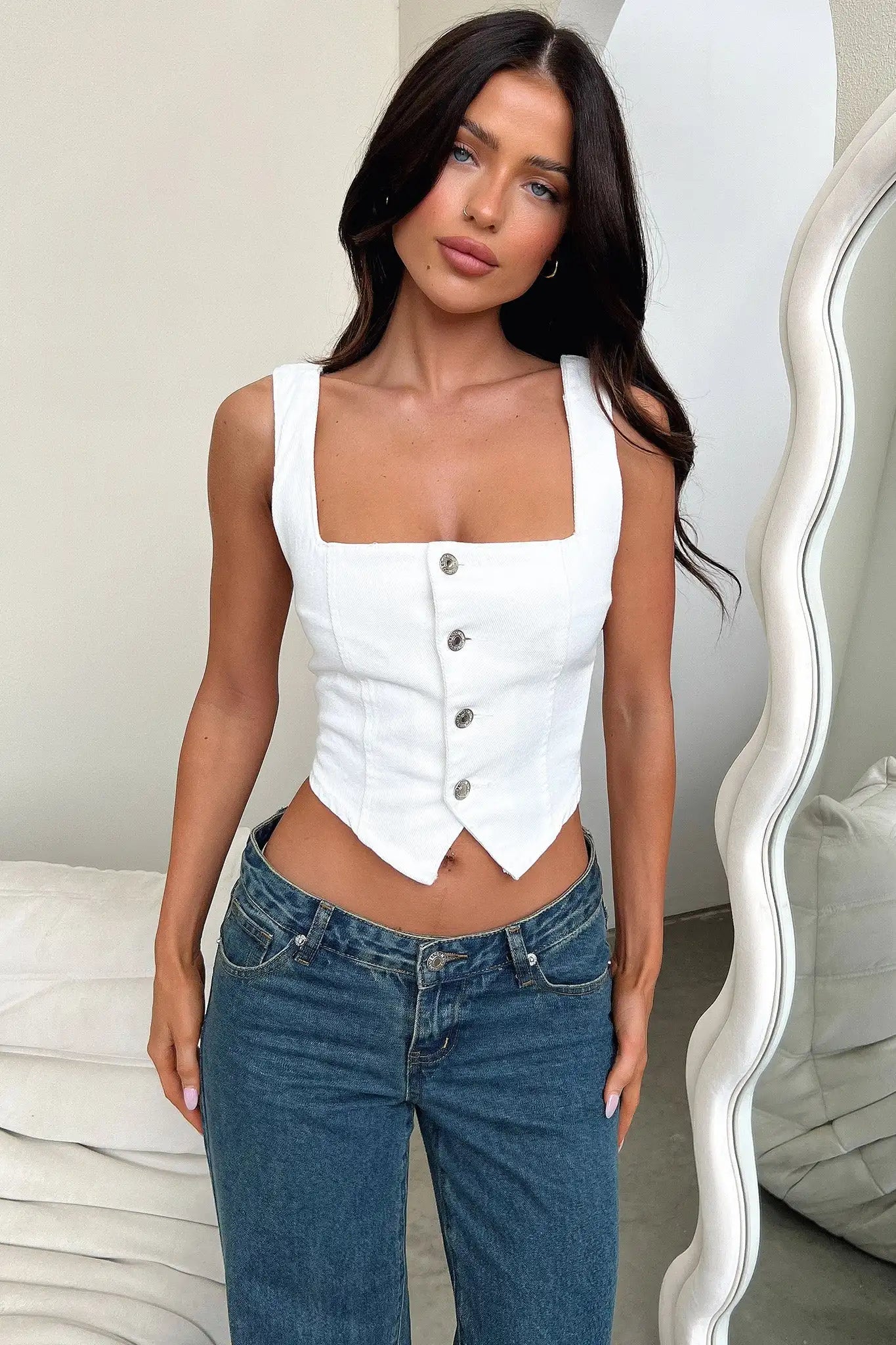 CITSLX Women's Denim Tank Tops 2024 New Summer Sleeveless Button Down Crop Tops for Party Club Slim Fit Square Neck Backless Camis