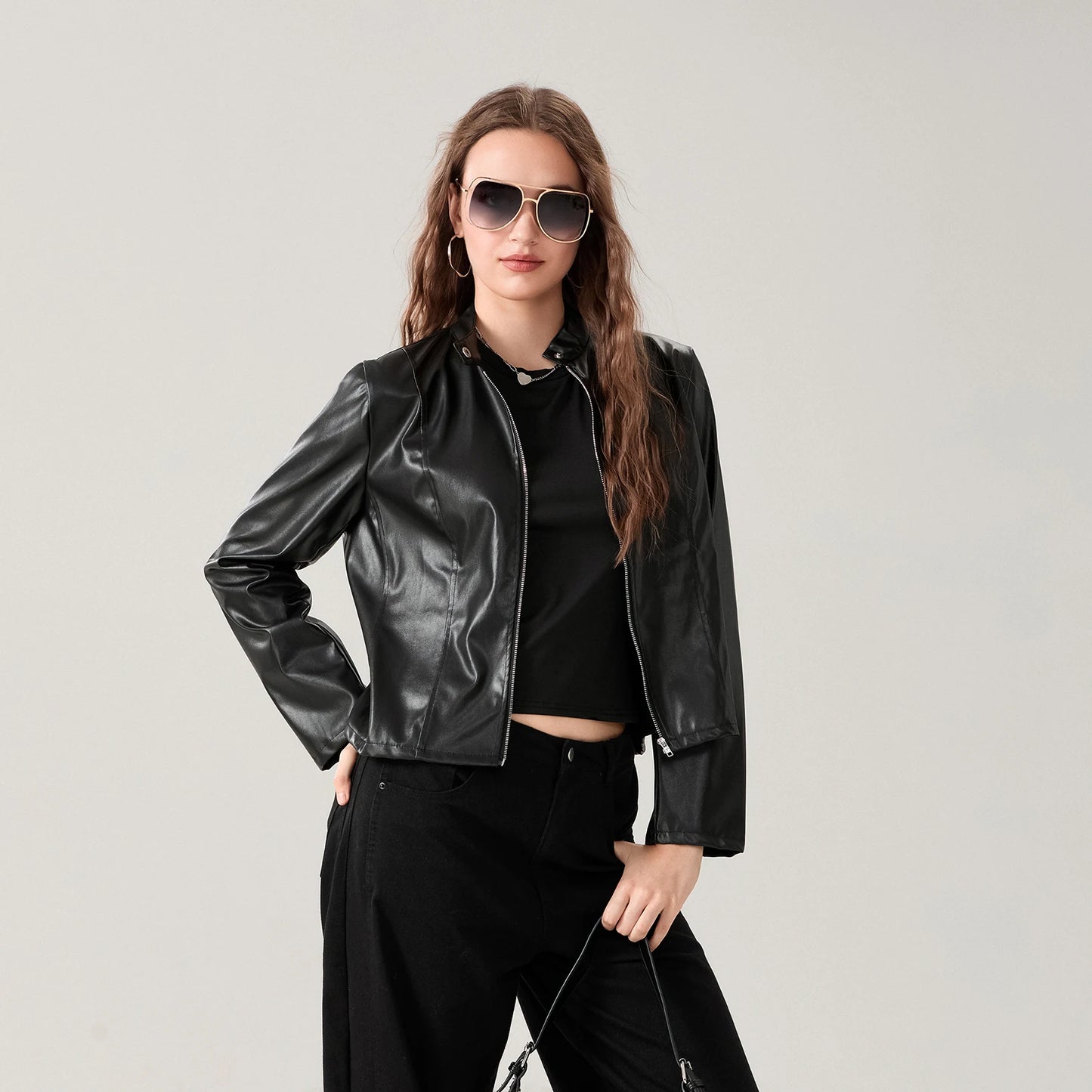 CITSLX Women's Faux Leather Jackets Slim Moto Biker Jacket Outerwear Long Sleeve Zipper Short Coats Streetwear