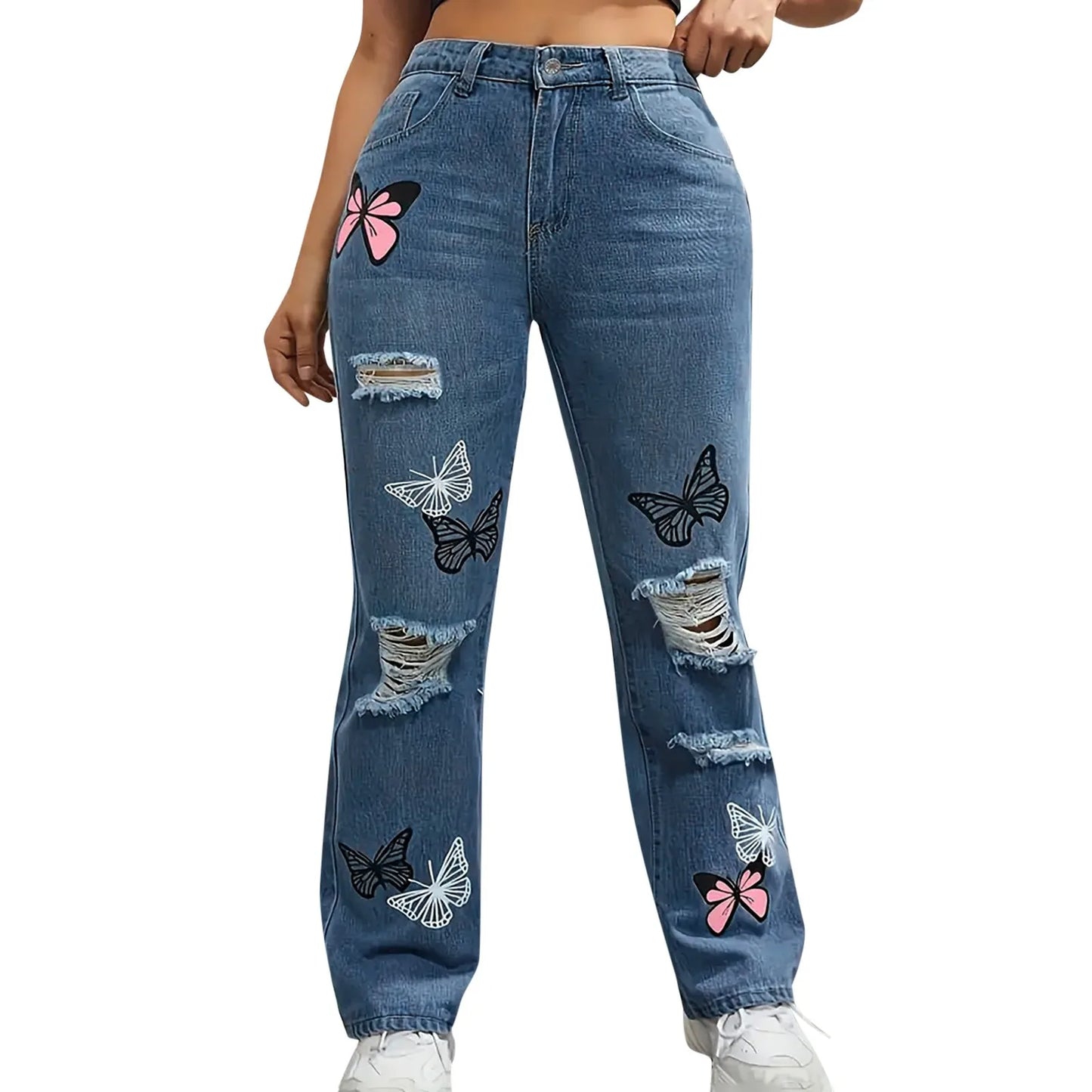 CITSLX Women's High Waist Button Up Butterfly Print Jeans Fashion Casual Straight Pants for Women Spring Summer 2024 Chic Ripped Jeans