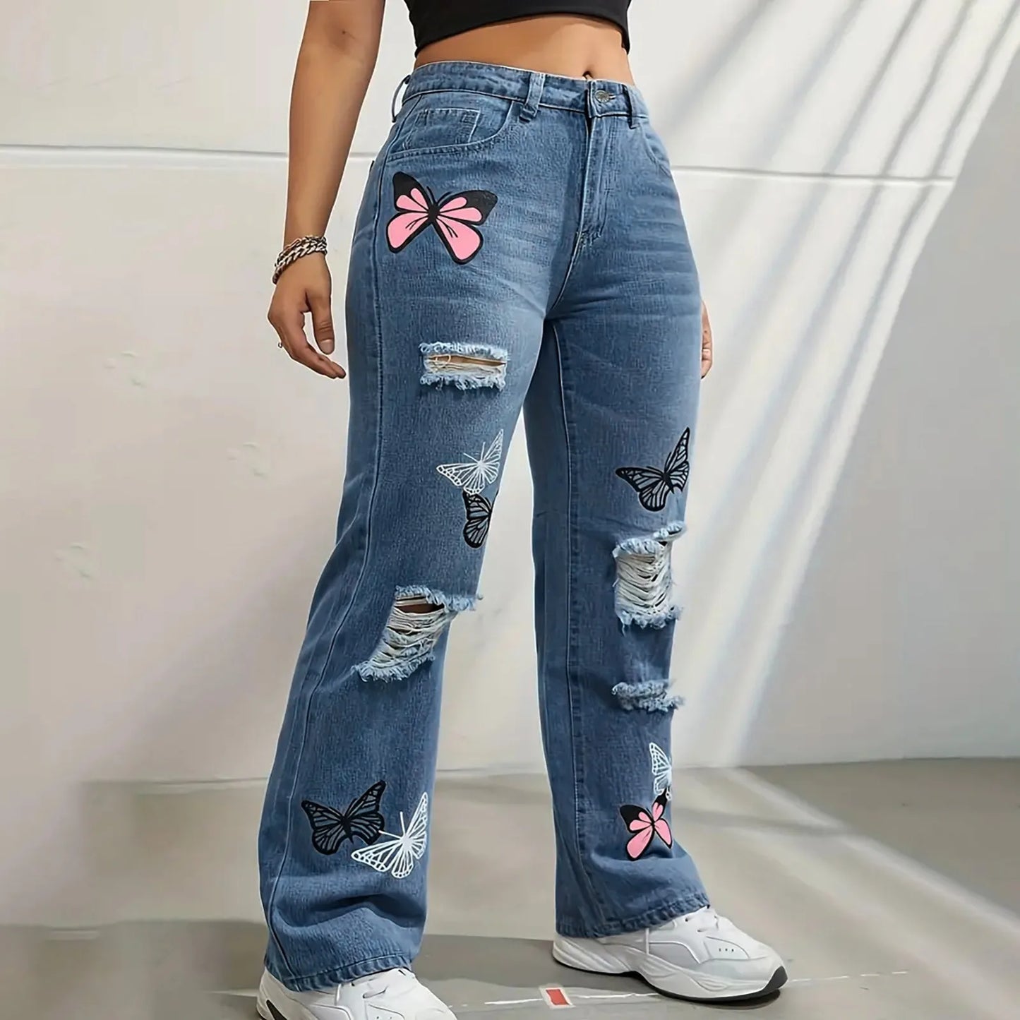 CITSLX Women's High Waist Button Up Butterfly Print Jeans Fashion Casual Straight Pants for Women Spring Summer 2024 Chic Ripped Jeans