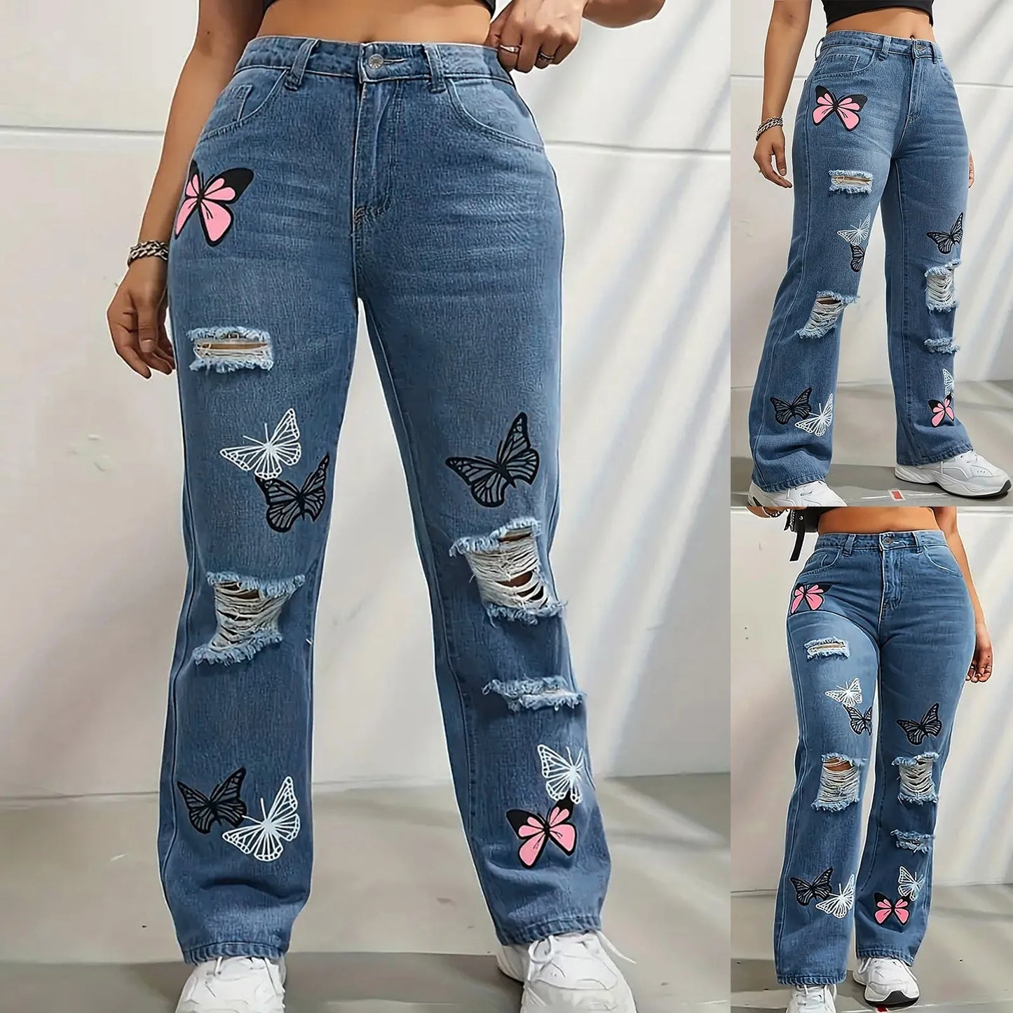 CITSLX Women's High Waist Button Up Butterfly Print Jeans Fashion Casual Straight Pants for Women Spring Summer 2024 Chic Ripped Jeans