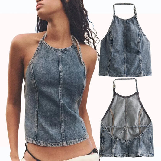 CITSLX Women's New Hanging Neck Sleeveless Top with Open Back Lace up Sexy Fashion Style Denim Sling Top