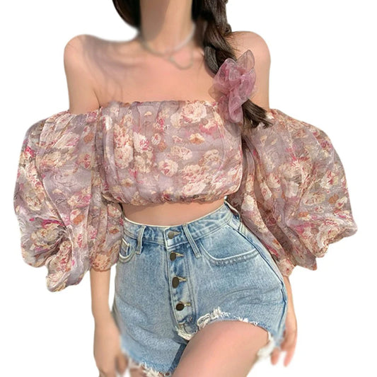 CITSLX Women's Off Shoulder Floral Printed Blouses Puff Sleeve Casual Boho Crop Tops